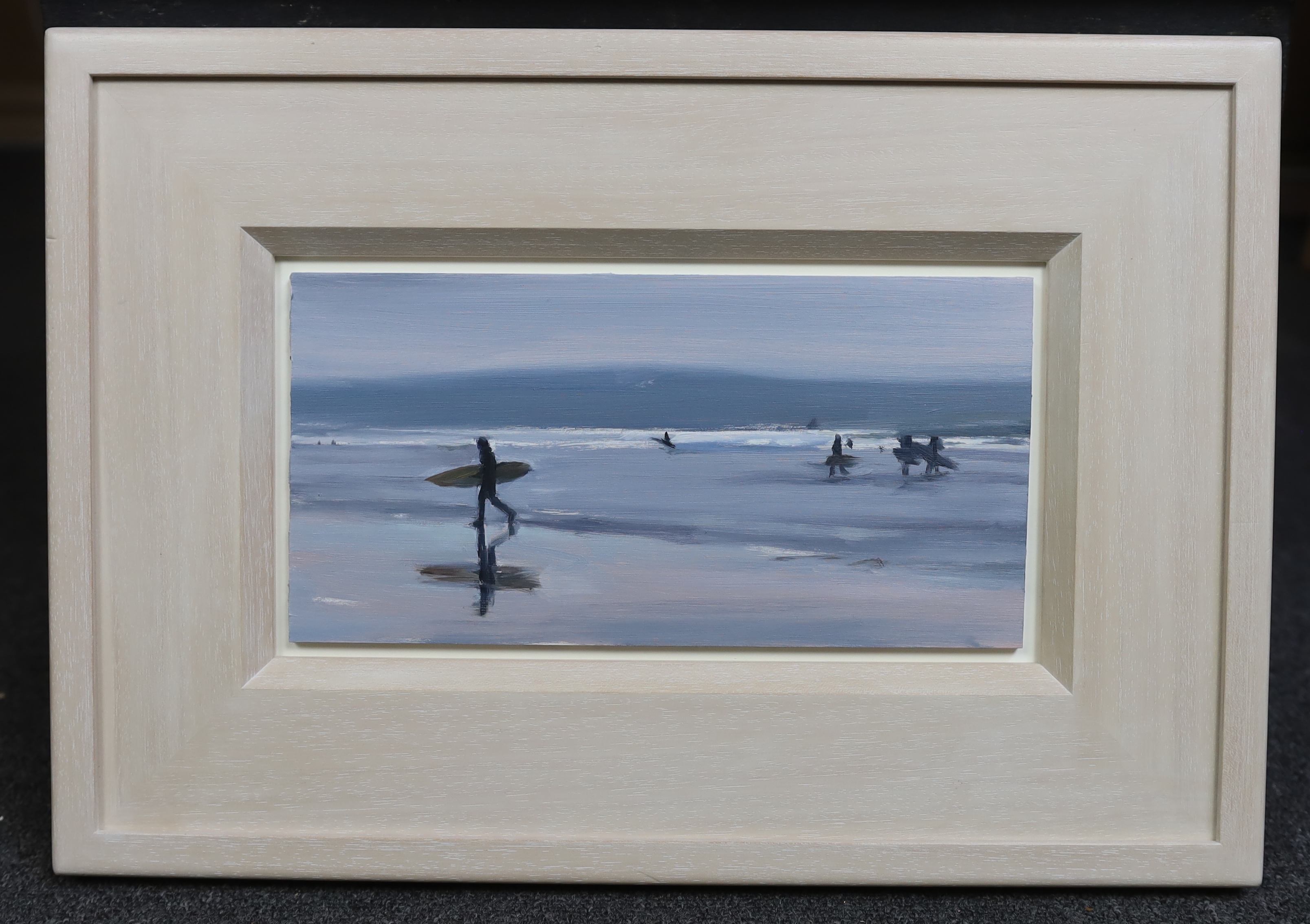 Liam Spencer (British, b.1964), 'Surfers, Cornwall', oil on board, 15 x 30cm